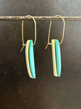 Load image into Gallery viewer, REVERSIBLE LONG HORNS - Cast Resin Earrings in Teal and Lemon
