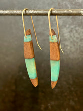 Load image into Gallery viewer, LONG HORNS -  Walnut  Wood Earrings with Trans Teal Resin Banding
