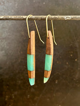 Load image into Gallery viewer, LONG HORNS -  Walnut  Wood Earrings with Trans Teal Resin Banding
