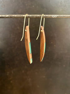 LONG HORNS -  Walnut  Wood Earrings with Trans Teal Resin Banding