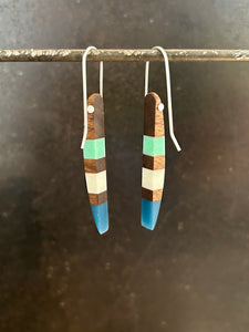 PACIFIC LONG HORNS -  Walnut  Wood Earrings with Sky, White and Navy Resin Banding in Sterling Silver