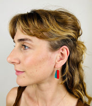 Load image into Gallery viewer, FAN TAIL - Walnut Wood Earrings with Orange Red, Teal and Sky Cast Resin
