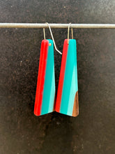 Load image into Gallery viewer, LONG FAN TAIL - Walnut Wood Earrings with Orange Red and Sky Cast Resin
