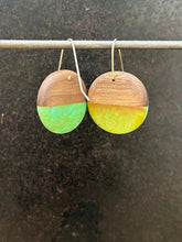 Load image into Gallery viewer, SMALL ROUNDER - Walnut Wood Earrings with a Green and Orange Resin Blend
