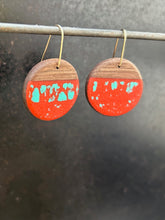 Load image into Gallery viewer, LONG ROUNDER - Walnut Wood Earrings with and Red and Sky Blended Resin
