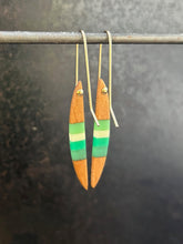 Load image into Gallery viewer, PACIFIC LONG HORNS - Cherry Wood Earrings with White and Tri Jade Banding
