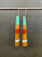 Load image into Gallery viewer, TAIL - Cherry wood Earrings  with Teal and Orange Red

