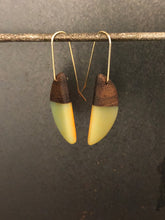 Load image into Gallery viewer, HORNS -  Walnut Wood Earrings with Olive Jade and Orange Resin
