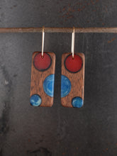 Load image into Gallery viewer, BUBBLES TAB - Walnut Wood Earrings with  a Navy and Beet Resin Blend
