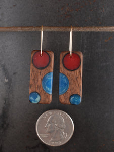 BUBBLES TAB - Walnut Wood Earrings with  a Navy and Beet Resin Blend