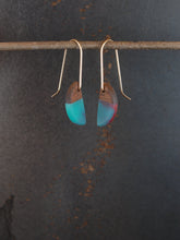 Load image into Gallery viewer, MINI HORNS - Walnut Wood Earrings with a Teal Resin Blend
