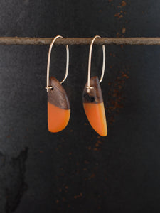 REVERSIBLE HORNS - Walnut  Earrings with Hot Orange and Pale Gold Cast Resin