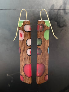 BUBBLES TAB SELECT - Walnut Wood Earrings with Multicolor Resin 4