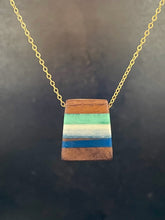 Load image into Gallery viewer, PACIFIC TAIL PENDANT - in Walnut Wood with Aqua, White and Navy Resin Banding
