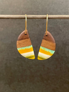 RUSTIC PACIFIC HORNS - Walnut Wood Earrings with Multi Colored Resin Banding