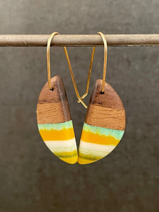 RUSTIC PACIFIC HORNS - Walnut Wood Earrings with Multi Colored Resin Banding