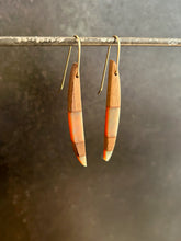 Load image into Gallery viewer, LONG HORNS -  Walnut  Wood Earrings with Pale Rust Resin Banding
