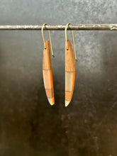 Load image into Gallery viewer, LONG HORNS -  Walnut  Wood Earrings with Pale Rust Resin Banding
