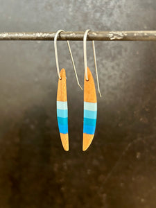 PACIFIC LONG HORNS - Cherry Wood Earrings with White and Tri Teal Banding and Sterllng Silver