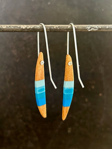 PACIFIC LONG HORNS - Cherry Wood Earrings with White and Tri Teal Banding and Sterllng Silver