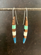 Load image into Gallery viewer, PACIFIC LONG HORNS -  Walnut  Wood Earrings with Sky, White and Navy Resin Banding in Sterling Silver
