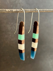 PACIFIC LONG HORNS -  Walnut  Wood Earrings with Sky, White and Navy Resin Banding in Sterling Silver