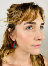 Load image into Gallery viewer, FAN TAIL - Walnut Wood Earrings with Orange Red, Teal and Sky Cast Resin
