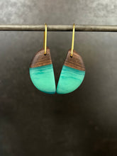 Load image into Gallery viewer, HORNS -  Cherry Wood Earrings with Sky and Navy Resin Blend

