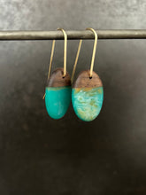 Load image into Gallery viewer, EGG - Walnut Wood Earrings with a Teal Resin Blend
