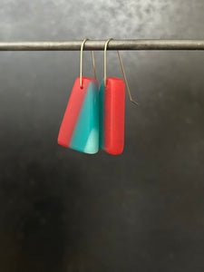 FAN TAIL - Walnut Wood Earrings with Orange Red, Teal and Sky Cast Resin