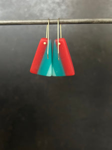 FAN TAIL - Walnut Wood Earrings with Orange Red, Teal and Sky Cast Resin