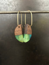 Load image into Gallery viewer, REVERSIBLE HORNS - Walnut Earrings Navy and Sea Green Blended Resin
