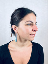 Load image into Gallery viewer, LONG FAN TAIL - Walnut Wood Earrings with Orange Red and Sky Cast Resin
