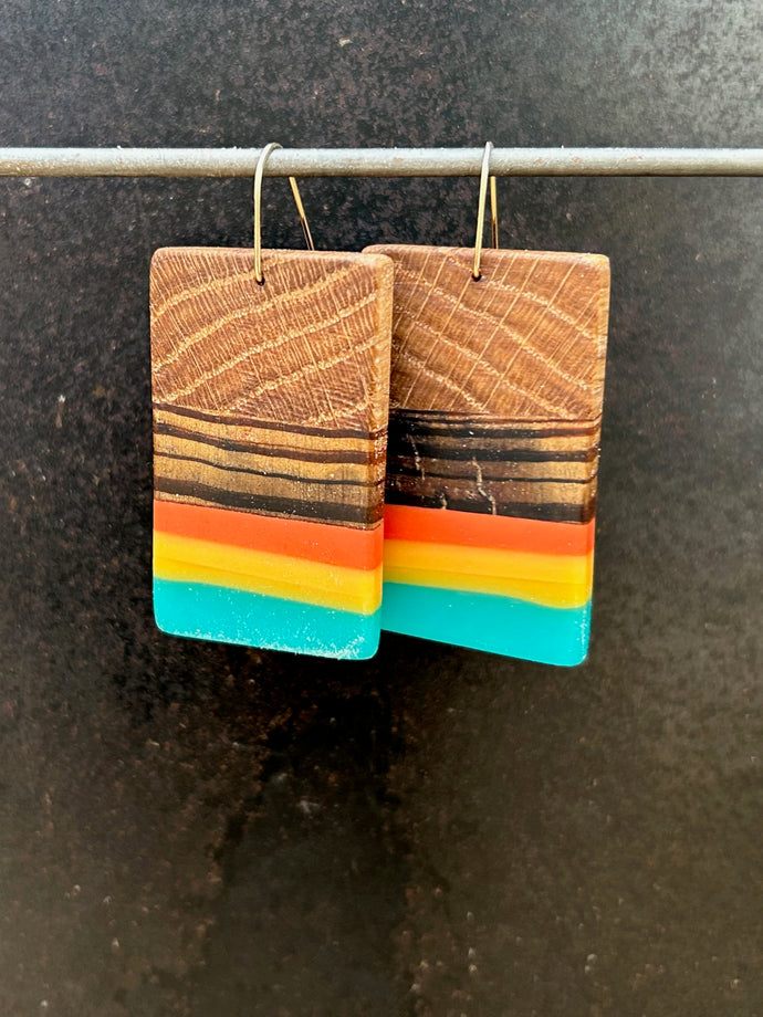 PACIFIC BOX TAB - White Oak Wood Earrings with Multi Color Resin Banding