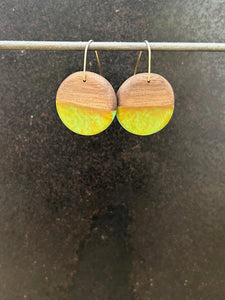 SMALL ROUNDER - Walnut Wood Earrings with a Green and Orange Resin Blend