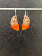 Load image into Gallery viewer, HORNS -  Walnut Wood Earrings with Blended Orange Red Resin
