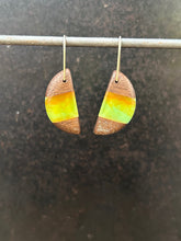 Load image into Gallery viewer, HORNS -  Walnut Wood Earrings with Blended Green and Orange Resin
