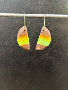 HORNS -  Walnut Wood Earrings with Blended Green and Orange Resin