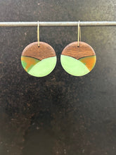 Load image into Gallery viewer, SMALL CROSSING  ROUNDER - Walnut Wood Earrings with a Mint and Orange Crossing Resin
