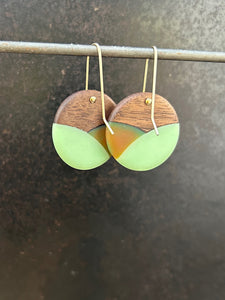 SMALL CROSSING  ROUNDER - Walnut Wood Earrings with a Mint and Orange Crossing Resin