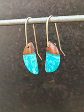 Load image into Gallery viewer, MINI HORNS - Walnuit Wood Earrings with a Turquoise Resin Blend
