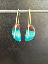 Load image into Gallery viewer, MINI HORNS - Walnuit Wood Earrings with a Turquoise Resin Blend
