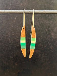 PACIFIC LONG HORNS - Cherry Wood Earrings with White and Tri Jade Banding
