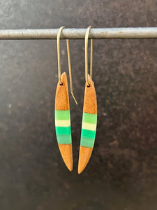 PACIFIC LONG HORNS - Cherry Wood Earrings with White and Tri Jade Banding