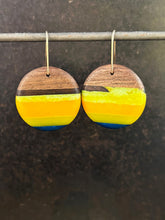 Load image into Gallery viewer, SMALL PACIFIC ROUNDER - Walnut Wood Earrings with Yellow, Gold and Navy Banding
