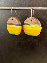 Load image into Gallery viewer, SMALL PACIFIC ROUNDER - Walnut Wood Earrings with Yellow, Gold and Navy Banding
