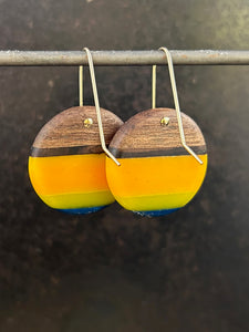 SMALL PACIFIC ROUNDER - Walnut Wood Earrings with Yellow, Gold and Navy Banding