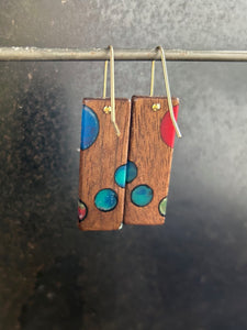 BUBBLES TAB - Walnut Wood Earrings with a Multicolor Resin Combo 4