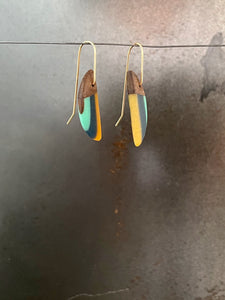 FAN HORNS  - Walnut Wood Earring with Teal, Navy and Gold Banding