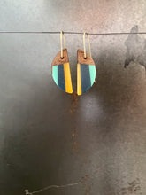 Load image into Gallery viewer, FAN HORNS  - Walnut Wood Earring with Teal, Navy and Gold Banding
